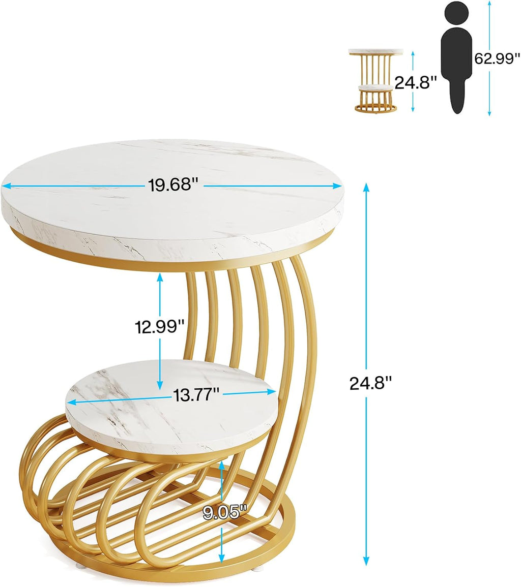 2-Tier Gold Faux Marble Round End Table