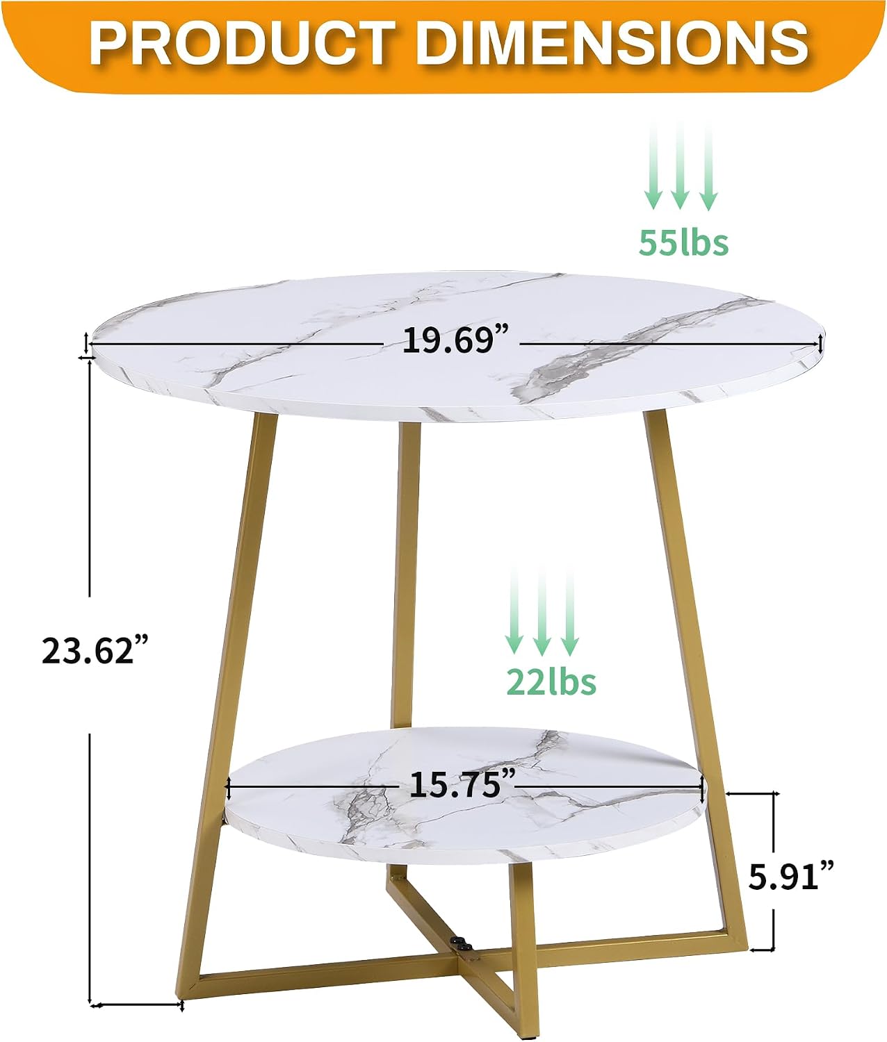 2-Tier Gold Frame White Faux Marble Side Table