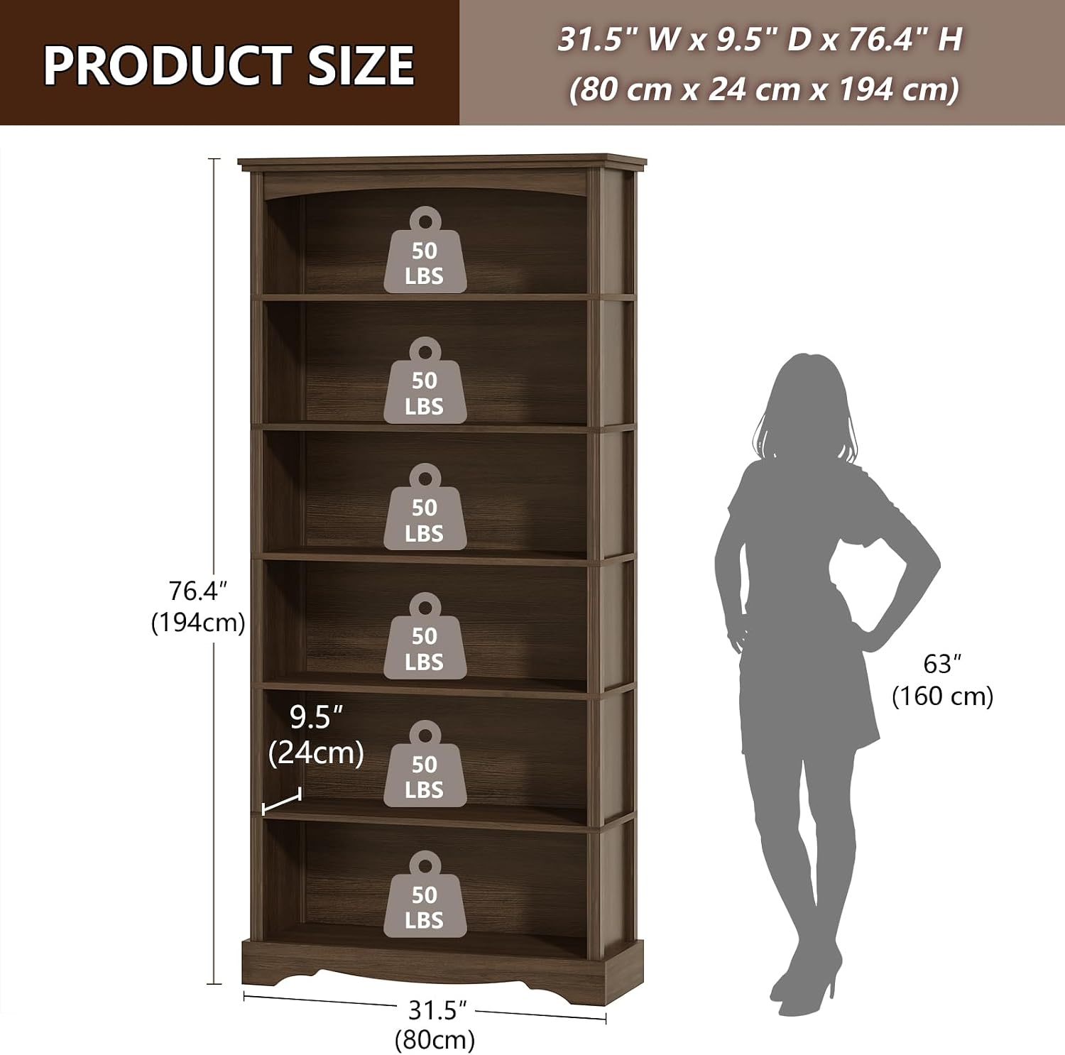 TVU 6-Tier Tall Wooden Bookshelf