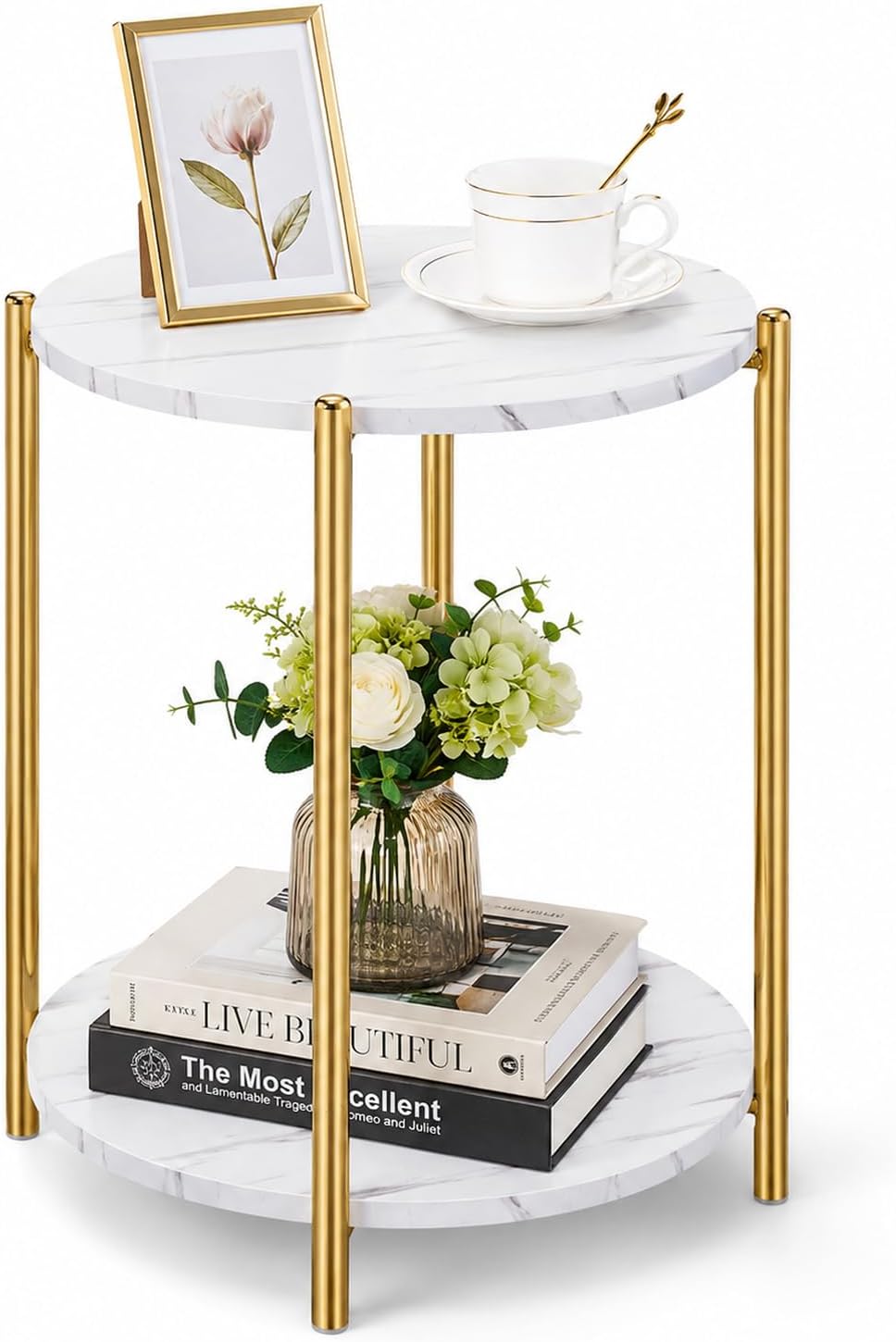 2-Tier Gold Faux Marble Round End Table