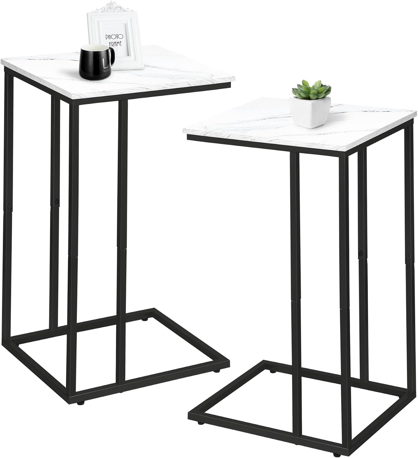 C Shaped Marble Side Table Set of 2 White Black