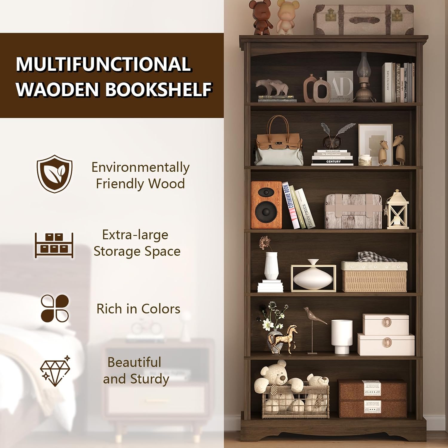 TVU 6-Tier Tall Wooden Bookshelf