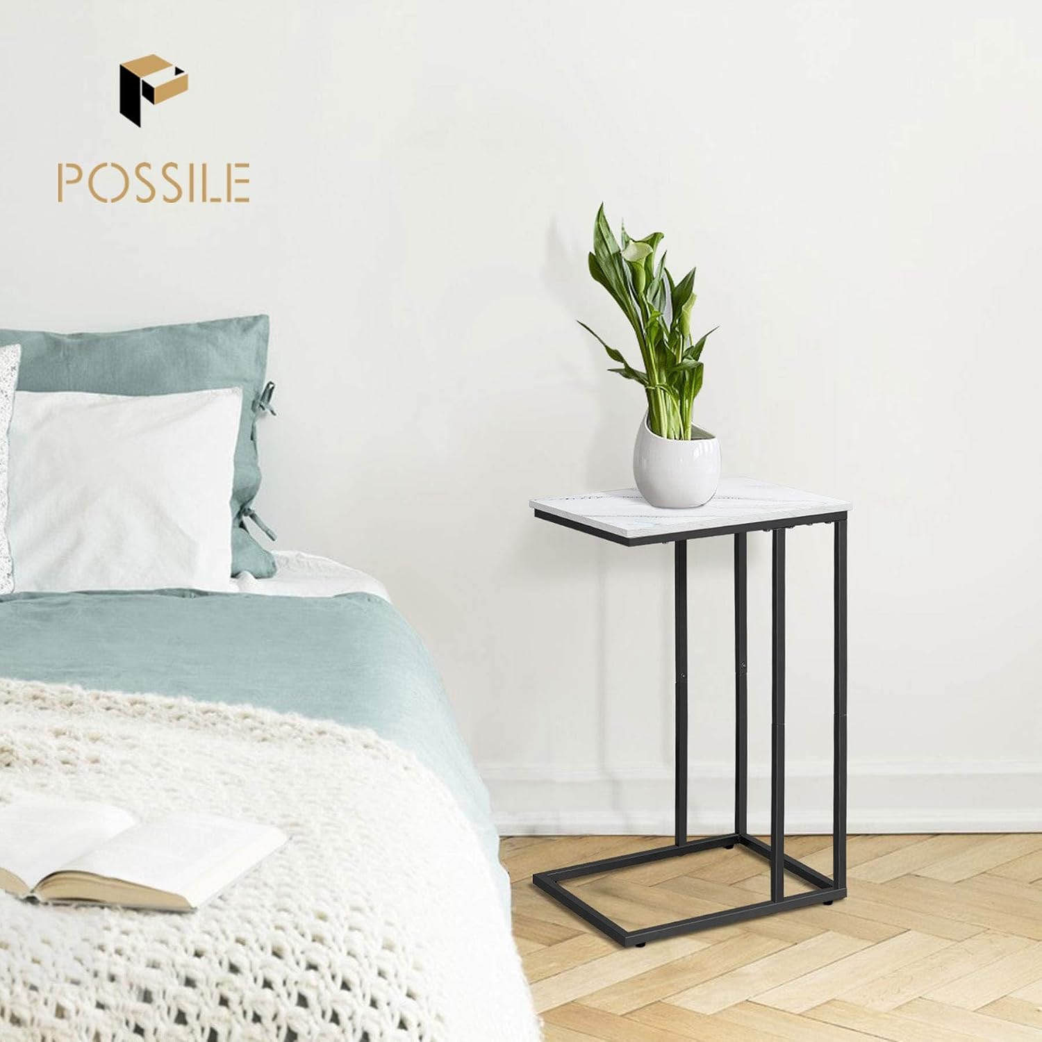 C Shaped Marble Side Table Set of 2 White Black