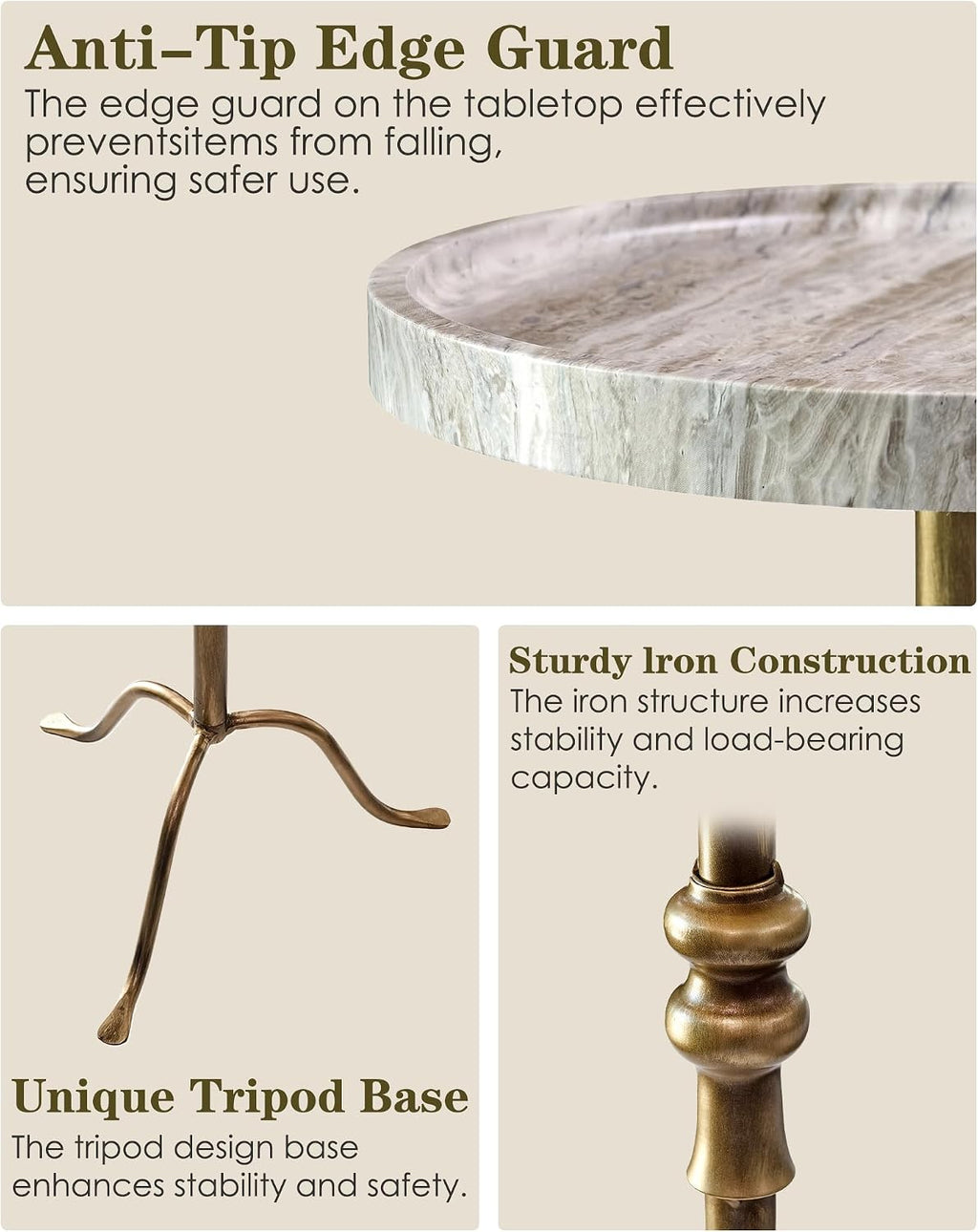 Brass Iron Round Marble Top End Table