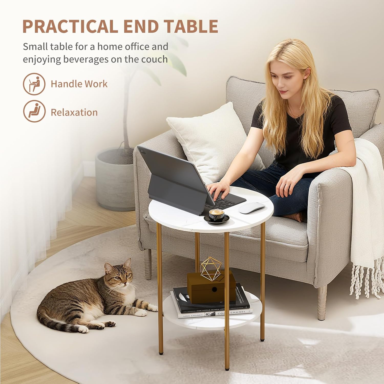 2-Tier Round Marble White Side Table
