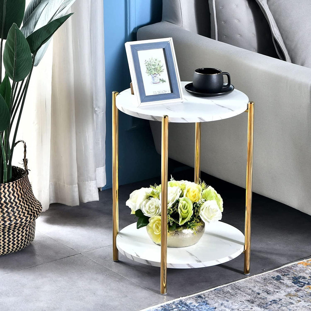 2-Tier Gold Faux Marble Round End Table