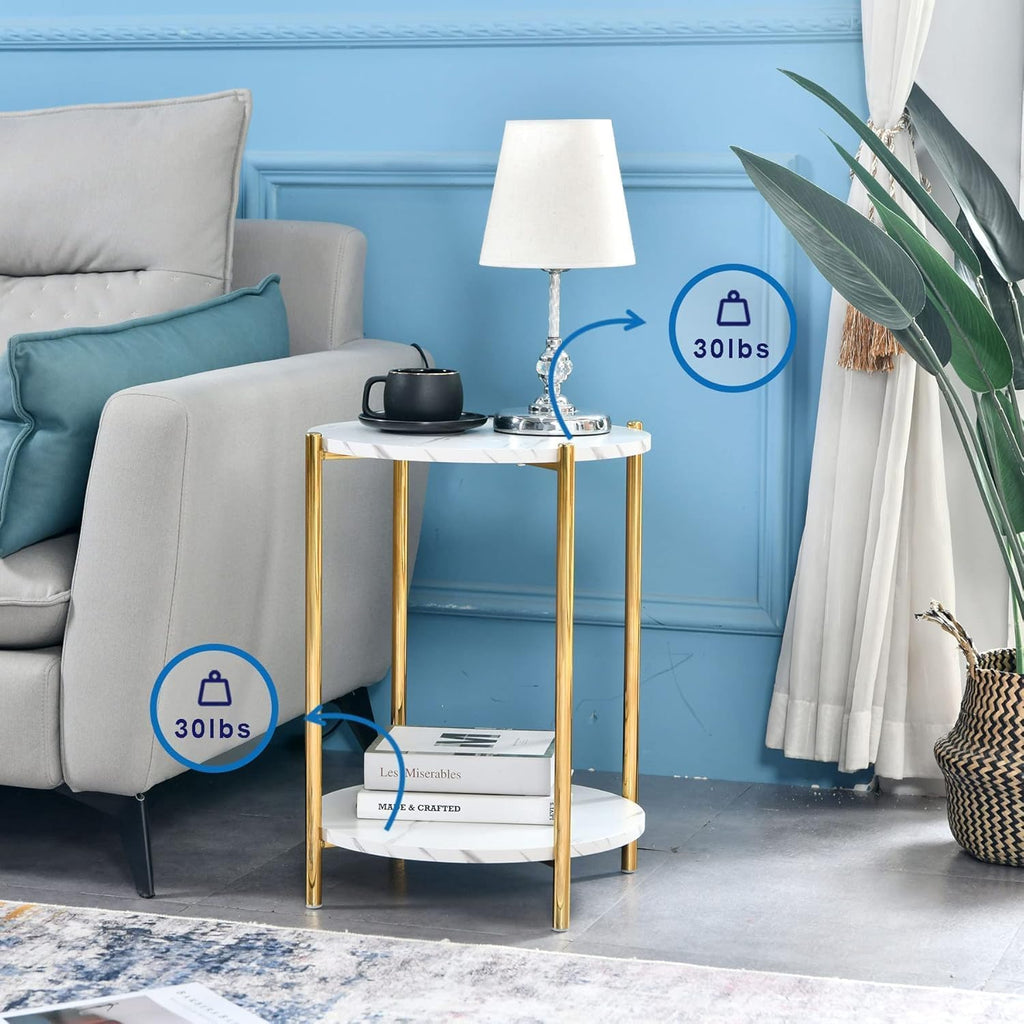 2-Tier Gold Faux Marble Round End Table