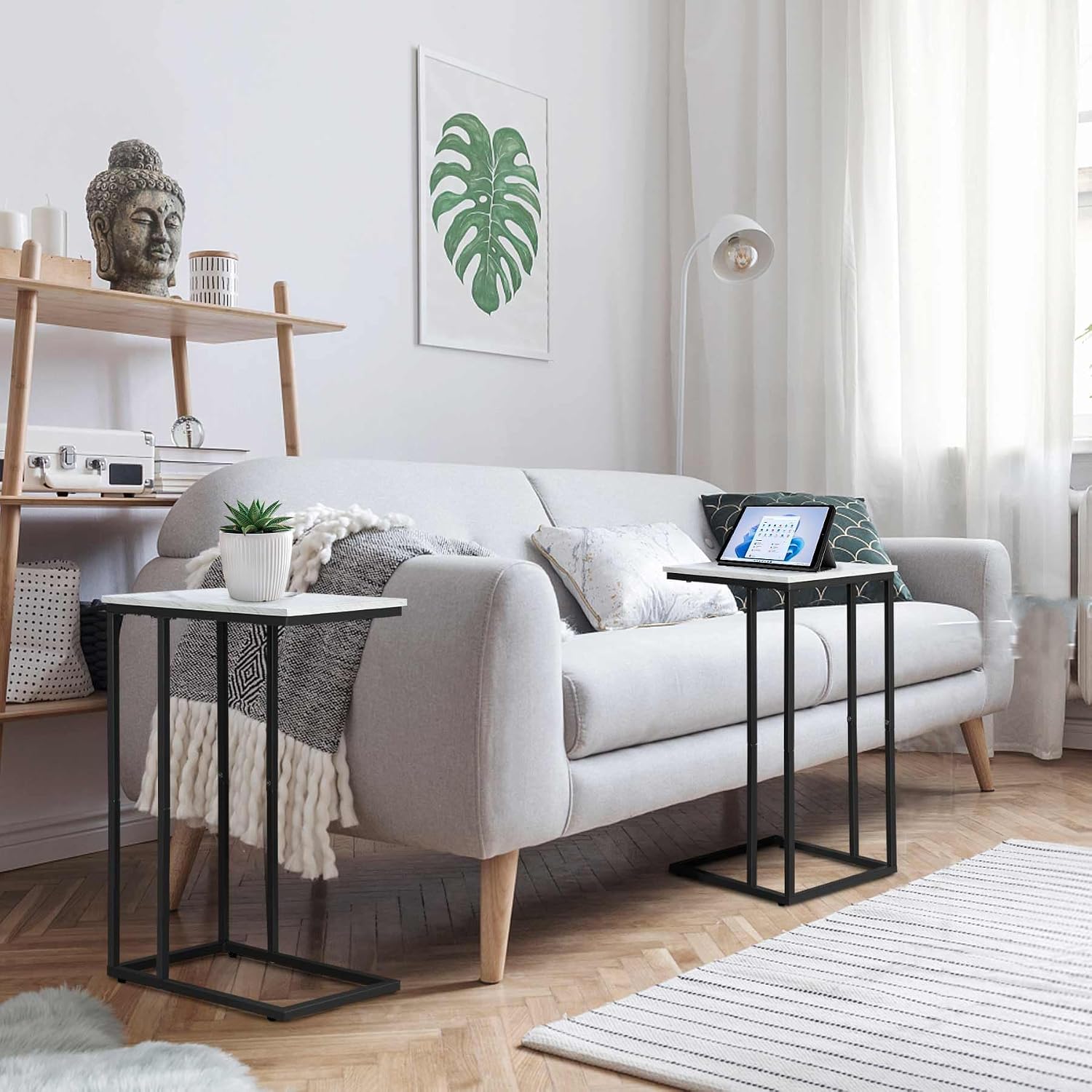 C Shaped Marble Side Table Set of 2 White Black
