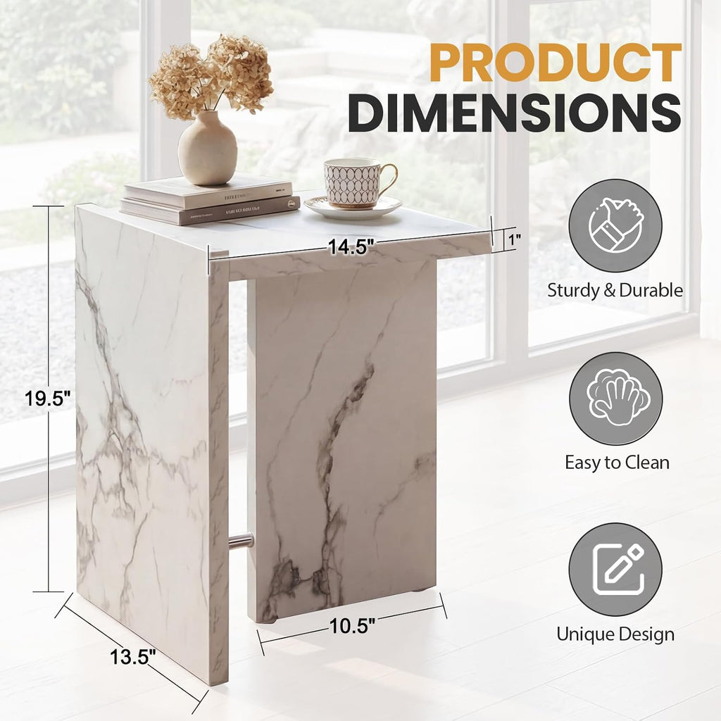 T-Shaped White Faux Marble Side Table