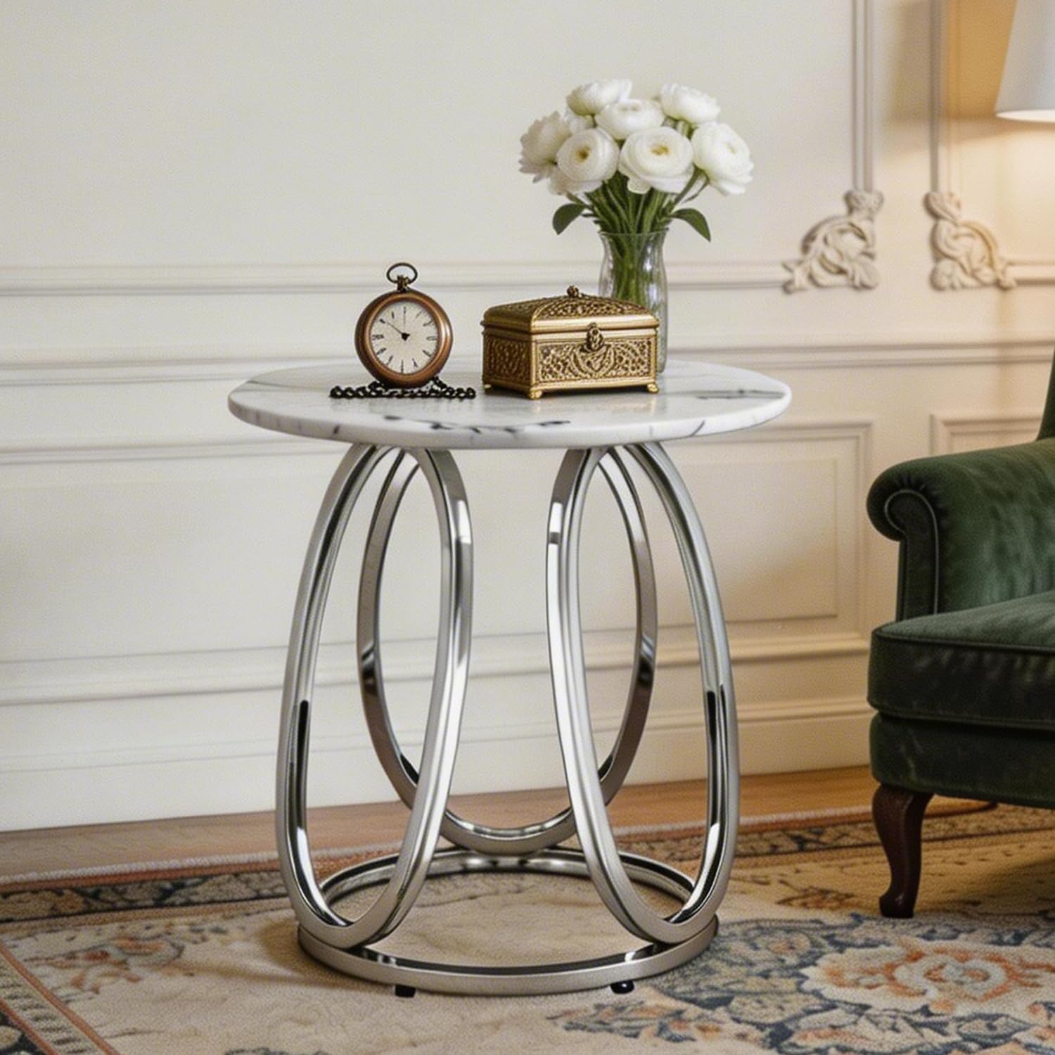 Silver Faux Marble Round Side Table
