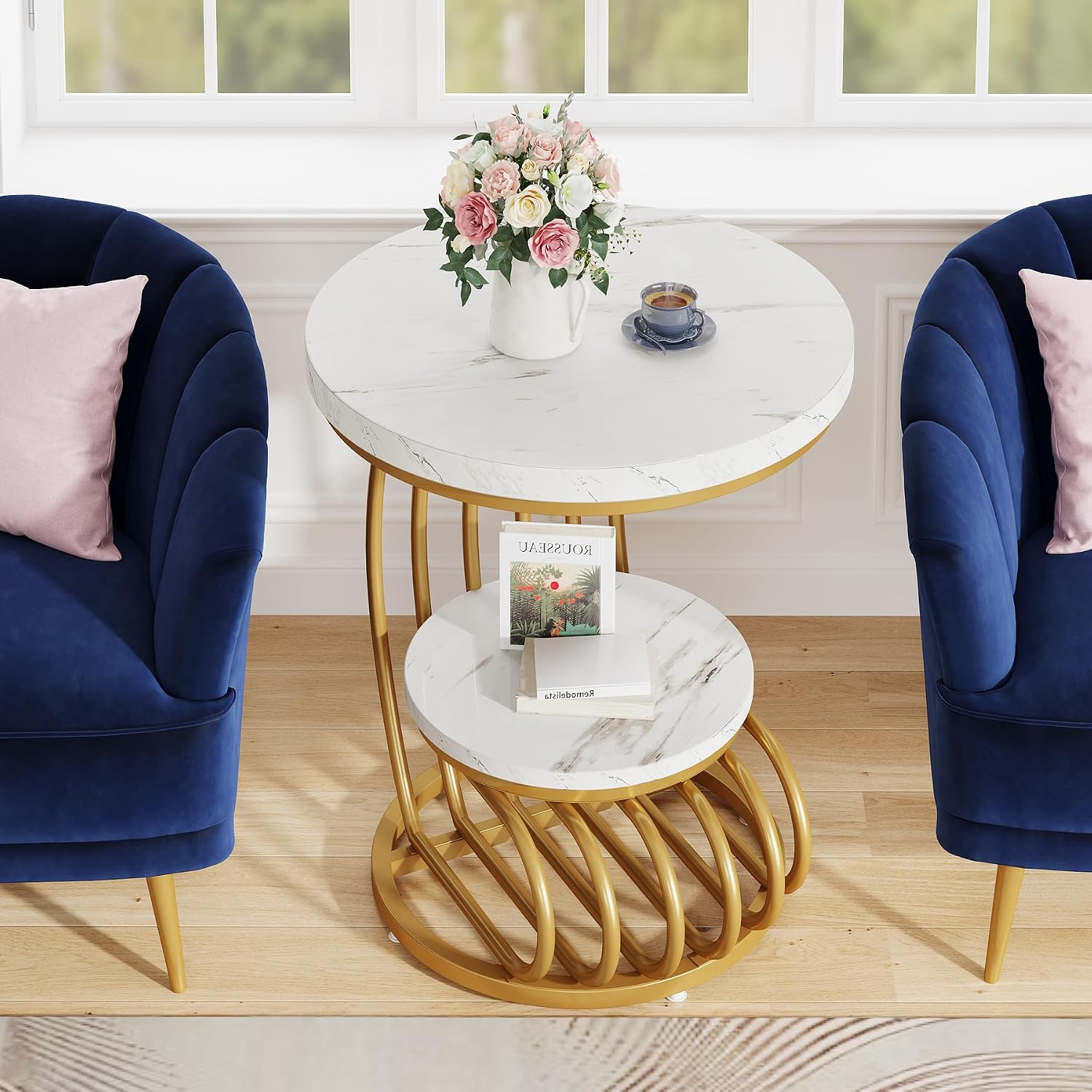 2-Tier Gold Faux Marble Round End Table