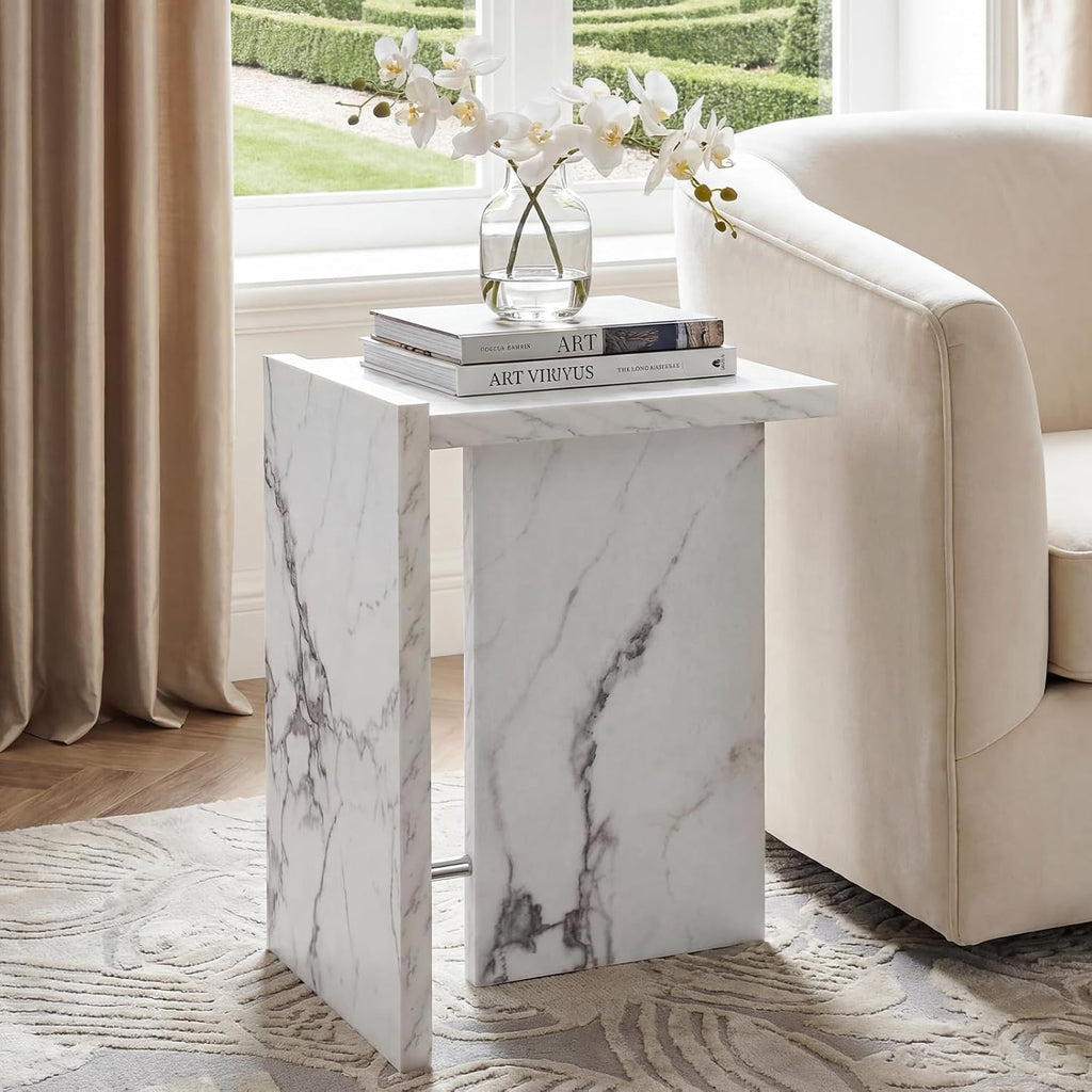 T-Shaped White Faux Marble Side Table