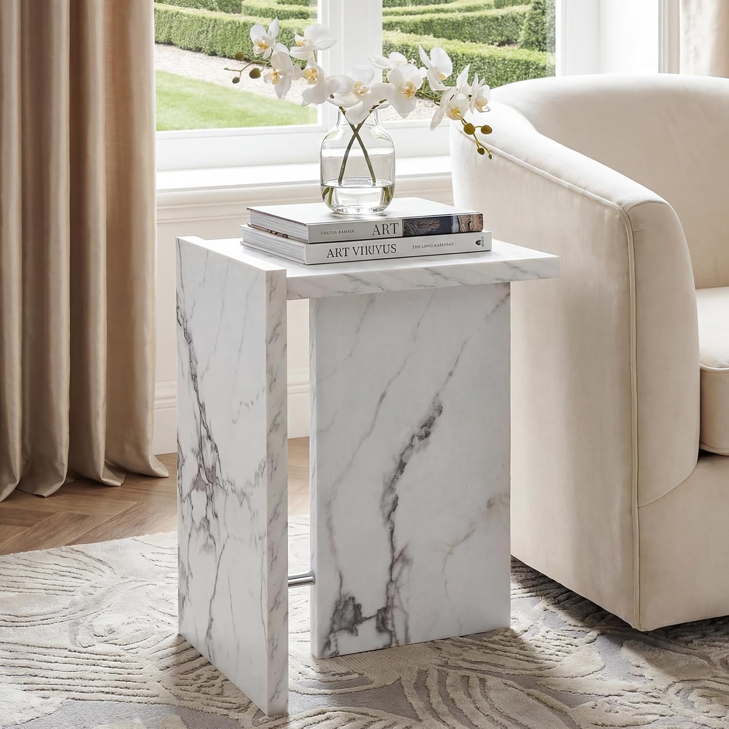 T-Shaped White Faux Marble Side Table