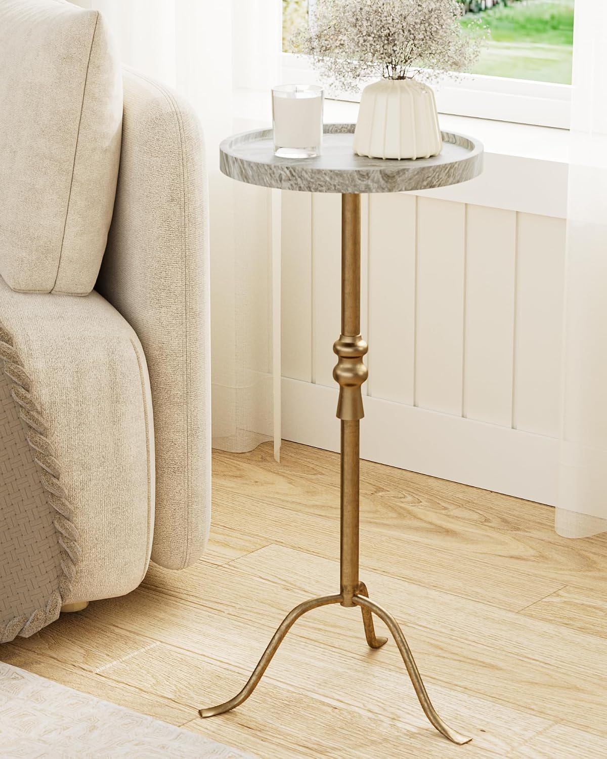 Brass Iron Round Marble Top End Table