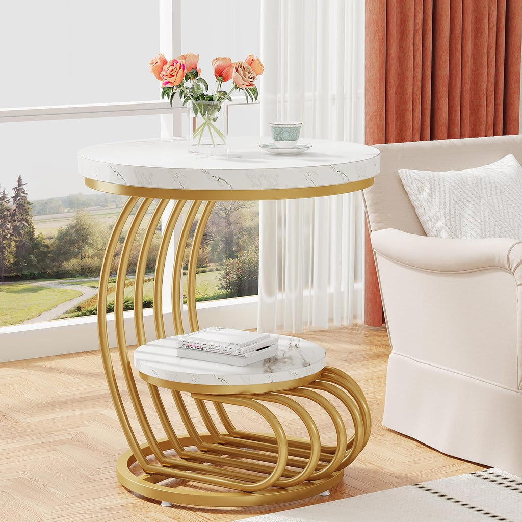 2-Tier Gold Faux Marble Round End Table