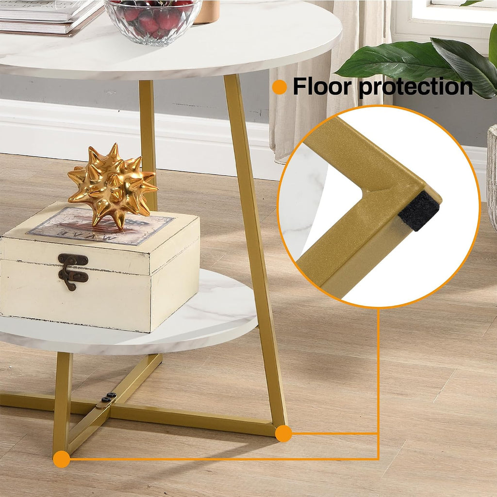 2-Tier Gold Frame White Faux Marble Side Table