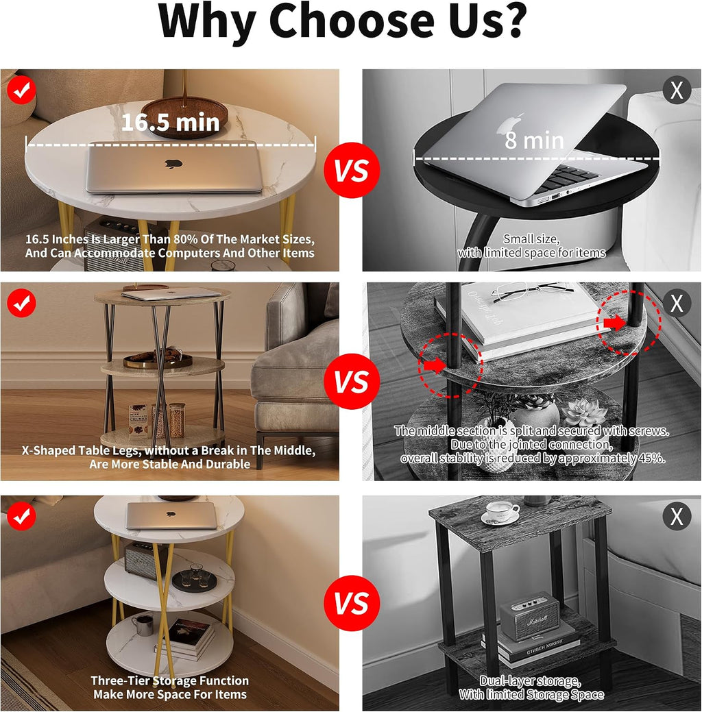 3-Tier White Marble Round Side Table