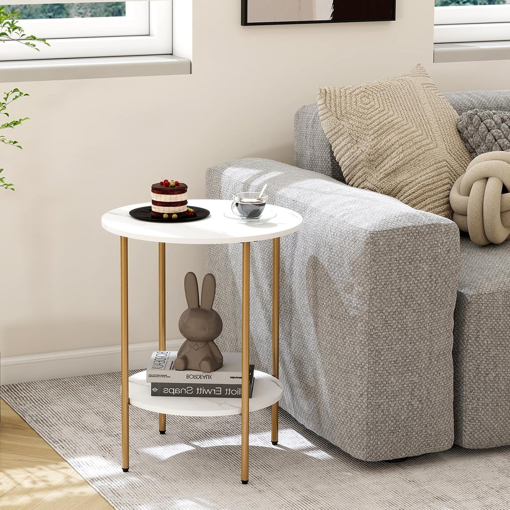 2-Tier Round Marble White Side Table