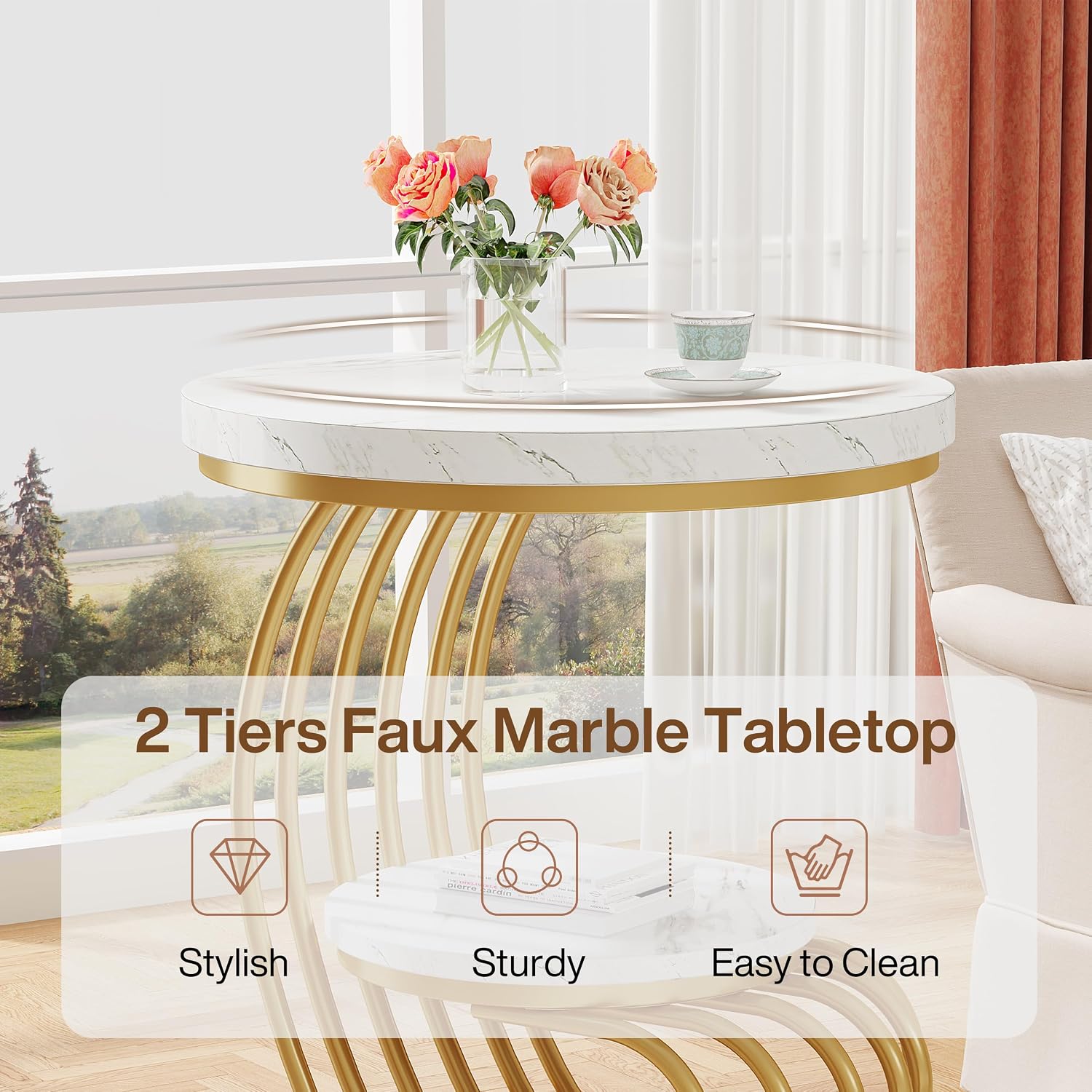 2-Tier Gold Faux Marble Round End Table