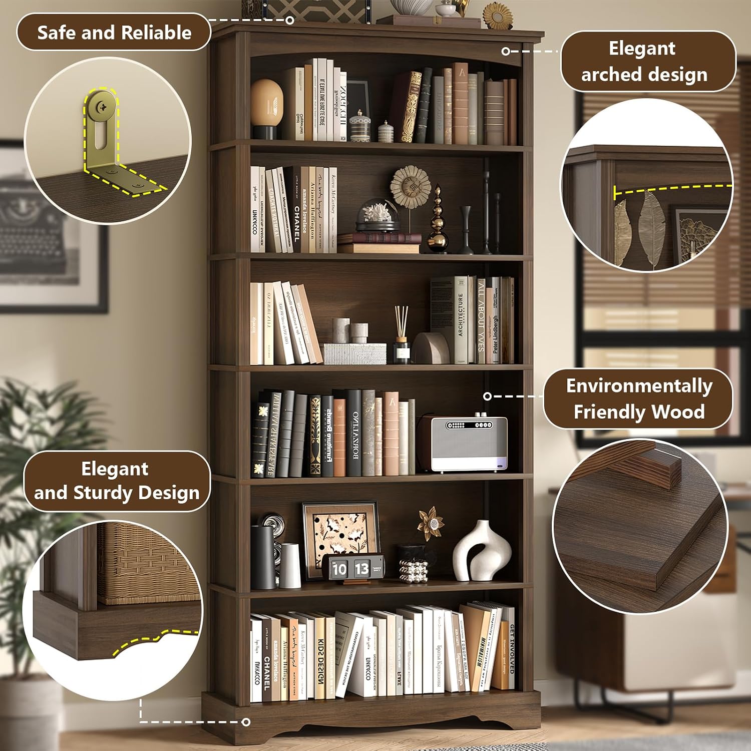 TVU 6-Tier Tall Wooden Bookshelf