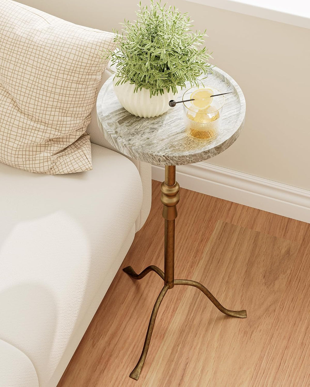 Brass Iron Round Marble Top End Table
