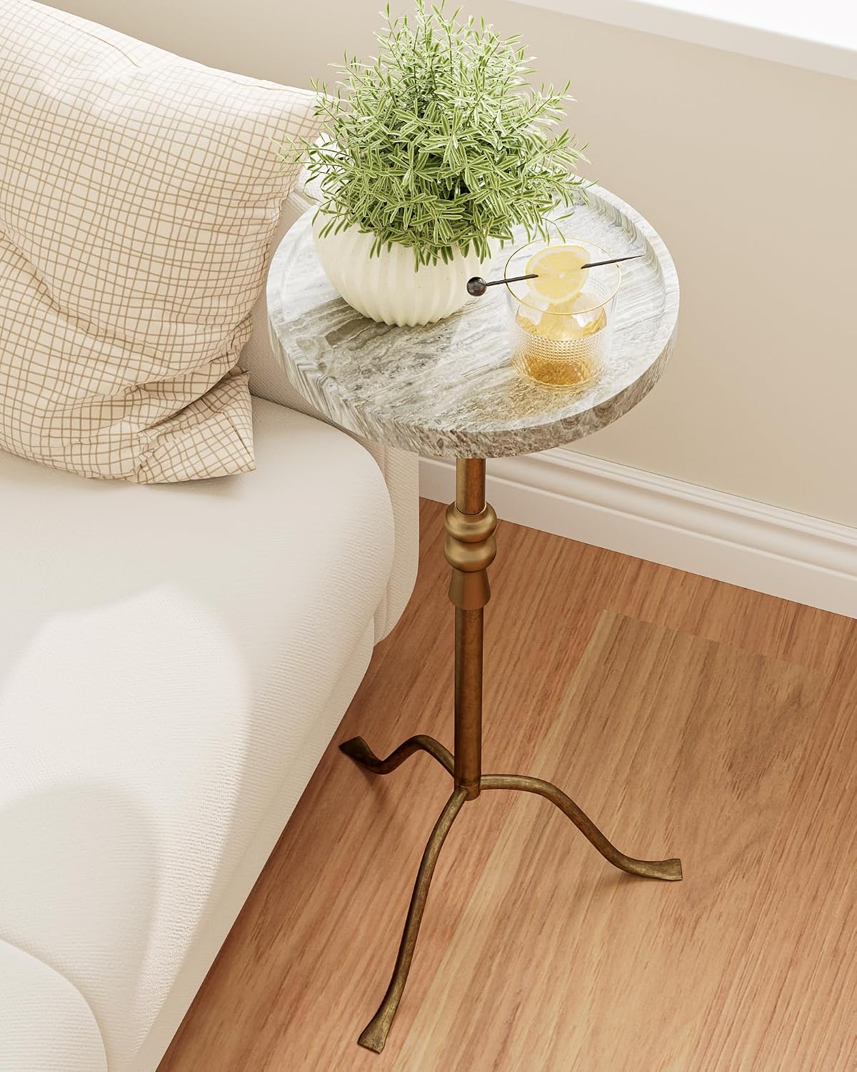 Brass Iron Round Marble Top End Table