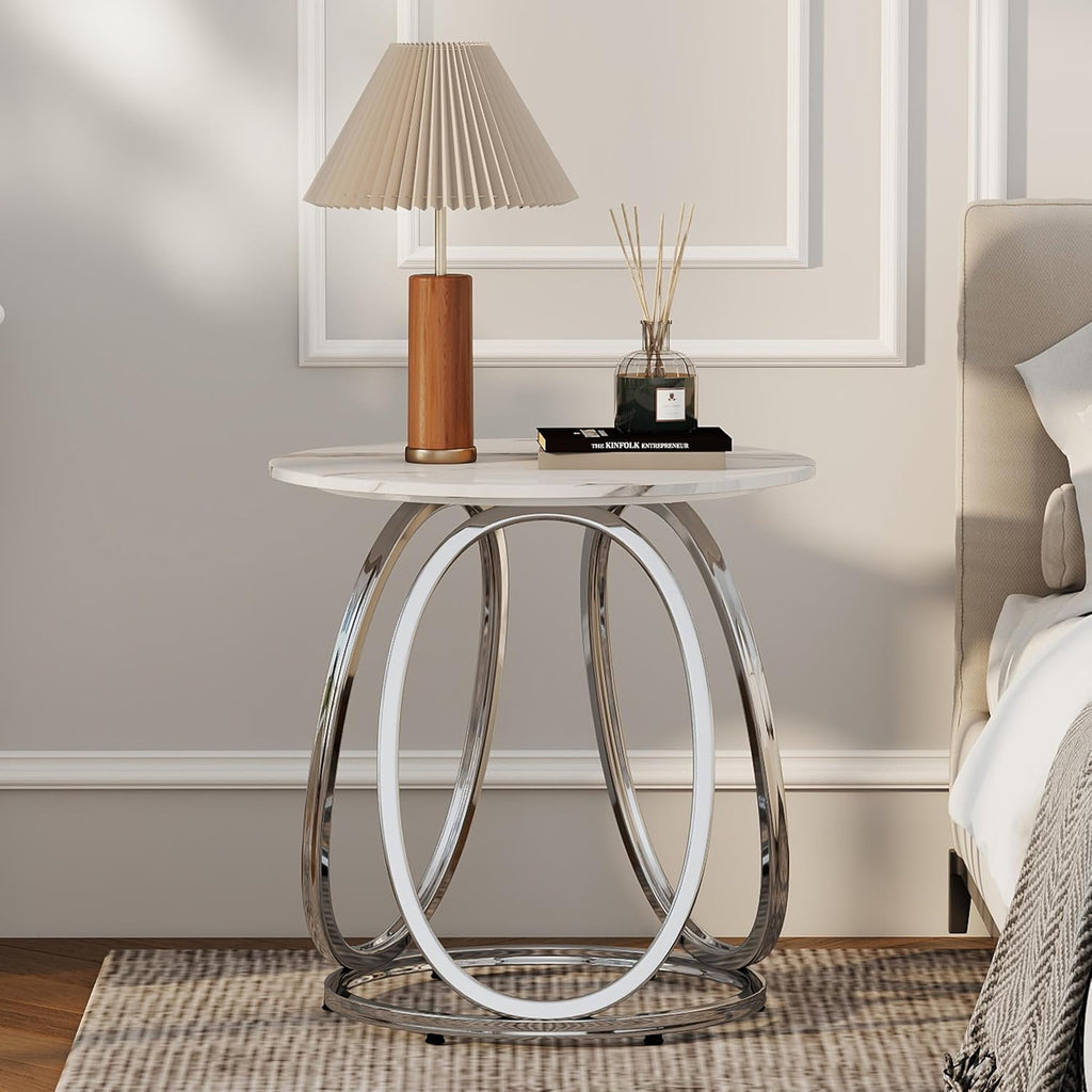 Silver Faux Marble Round Side Table