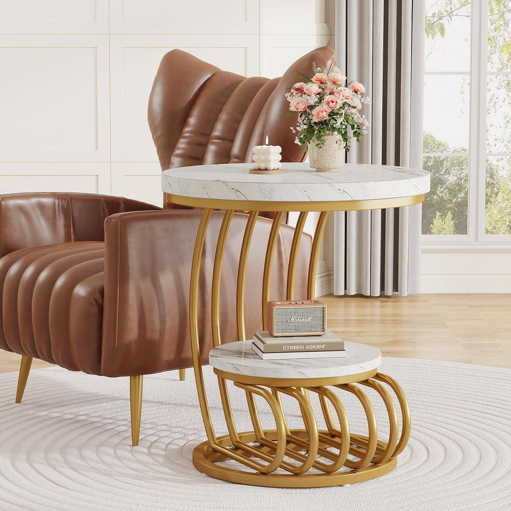 2-Tier Gold Faux Marble Round End Table