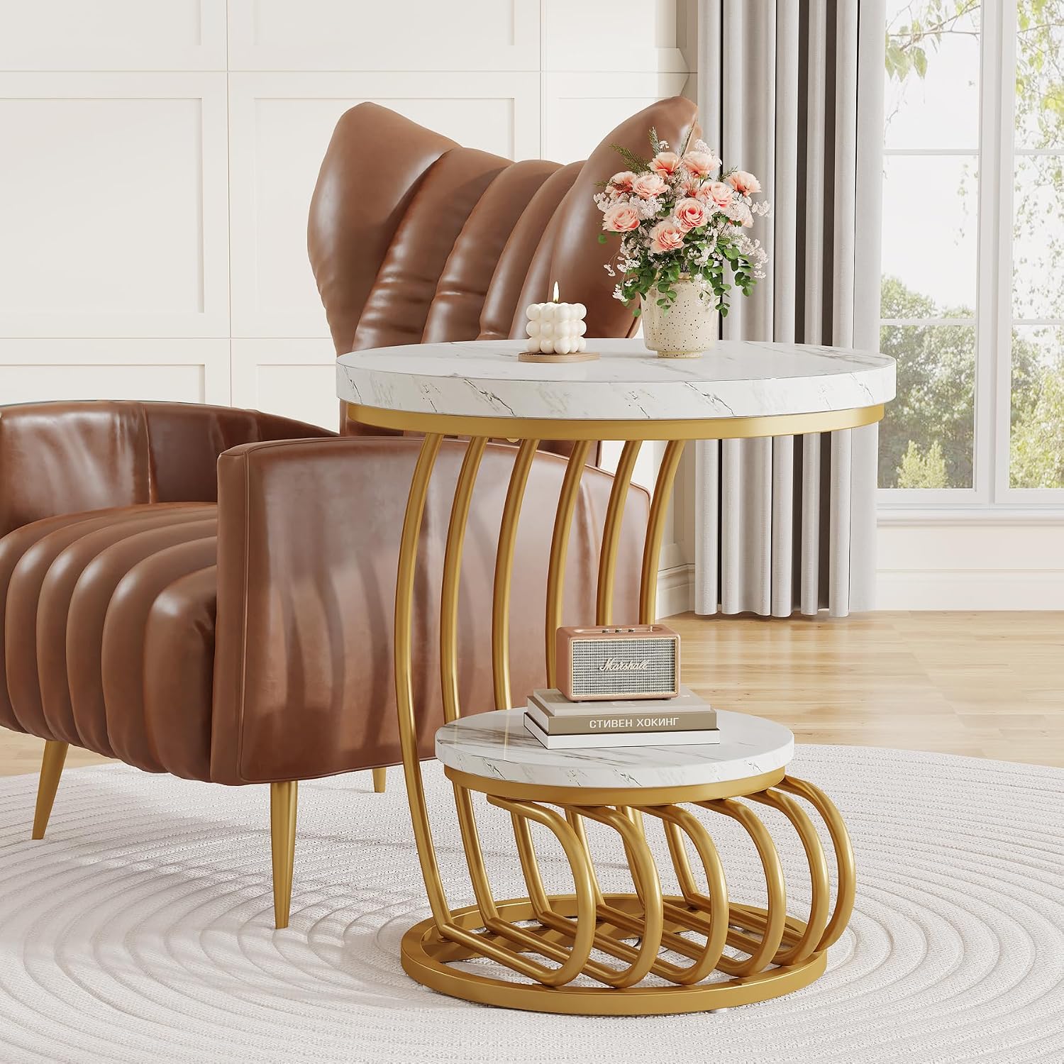 2-Tier Gold Faux Marble Round End Table
