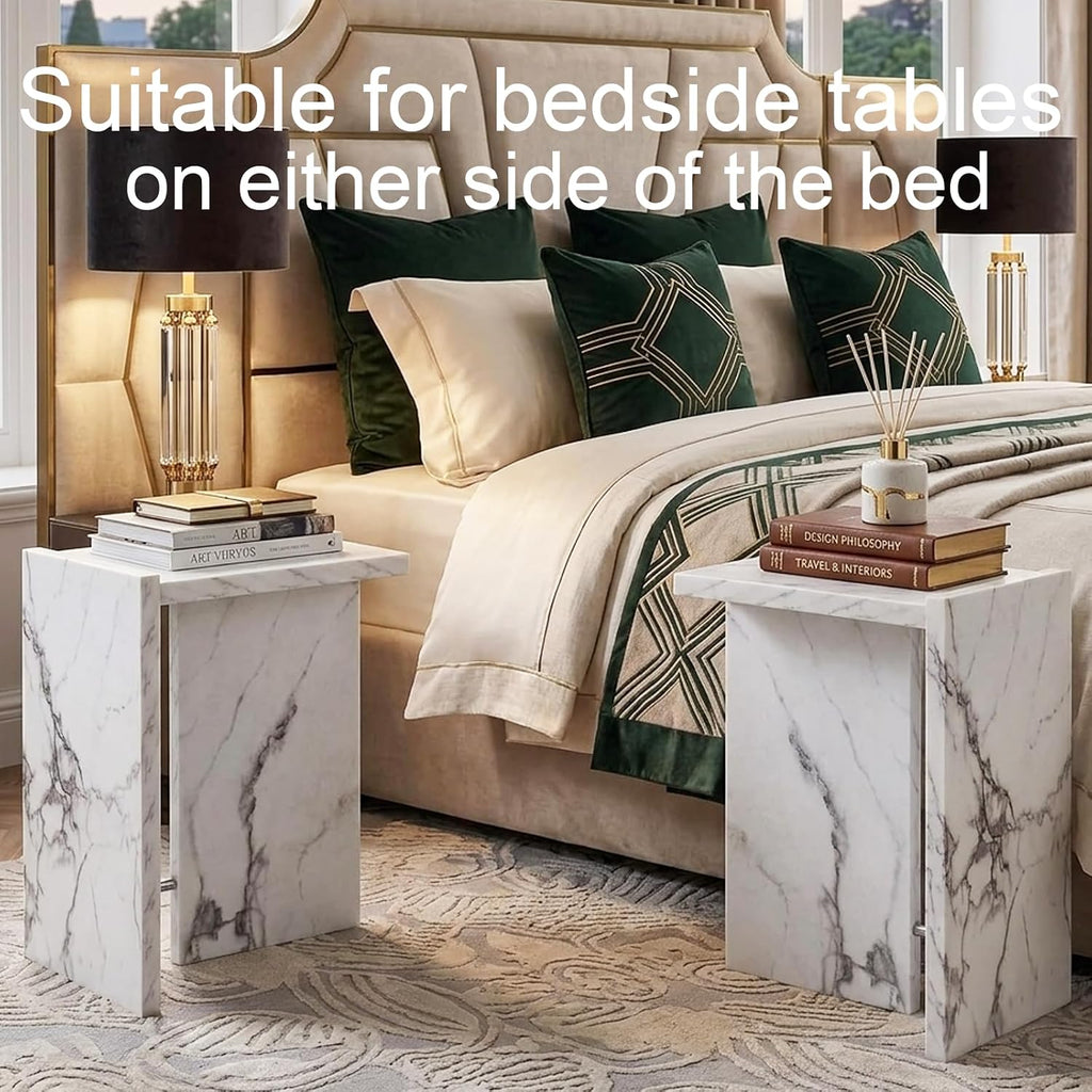 T-Shaped White Faux Marble Side Table