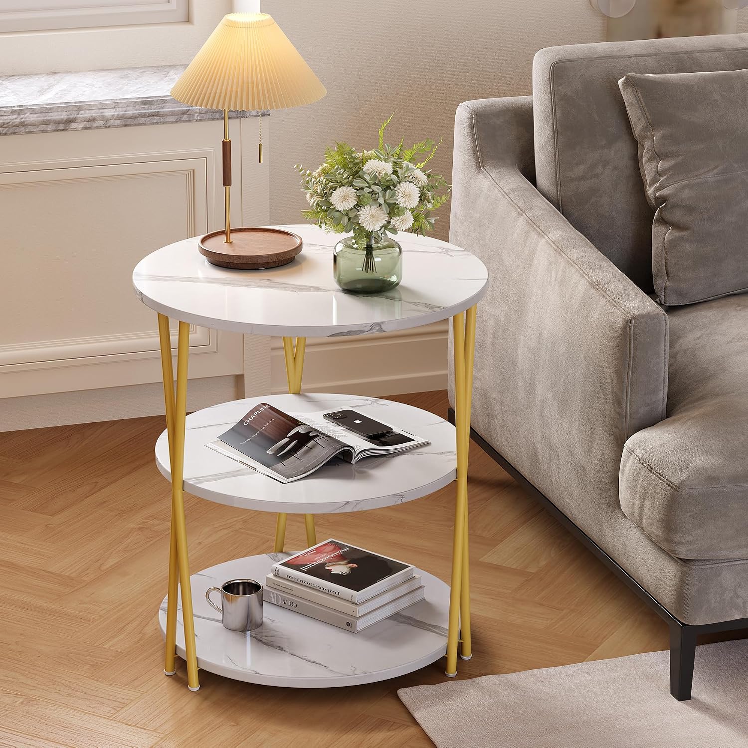 3-Tier White Marble Round Side Table