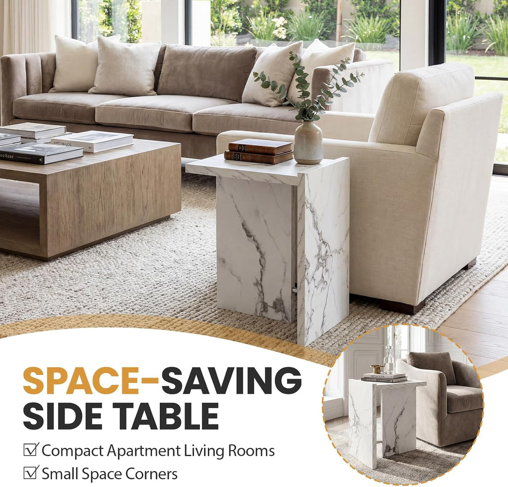 T-Shaped White Faux Marble Side Table