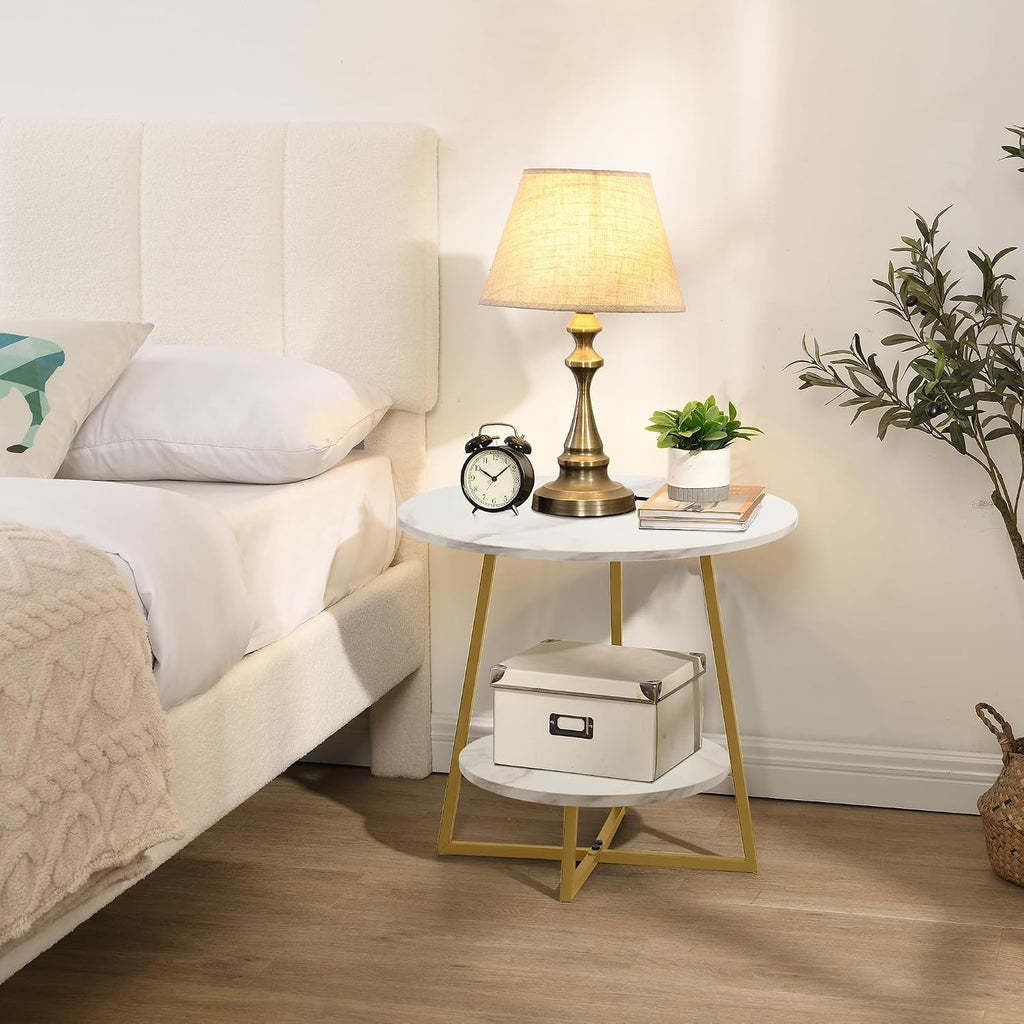 2-Tier Gold Frame White Faux Marble Side Table