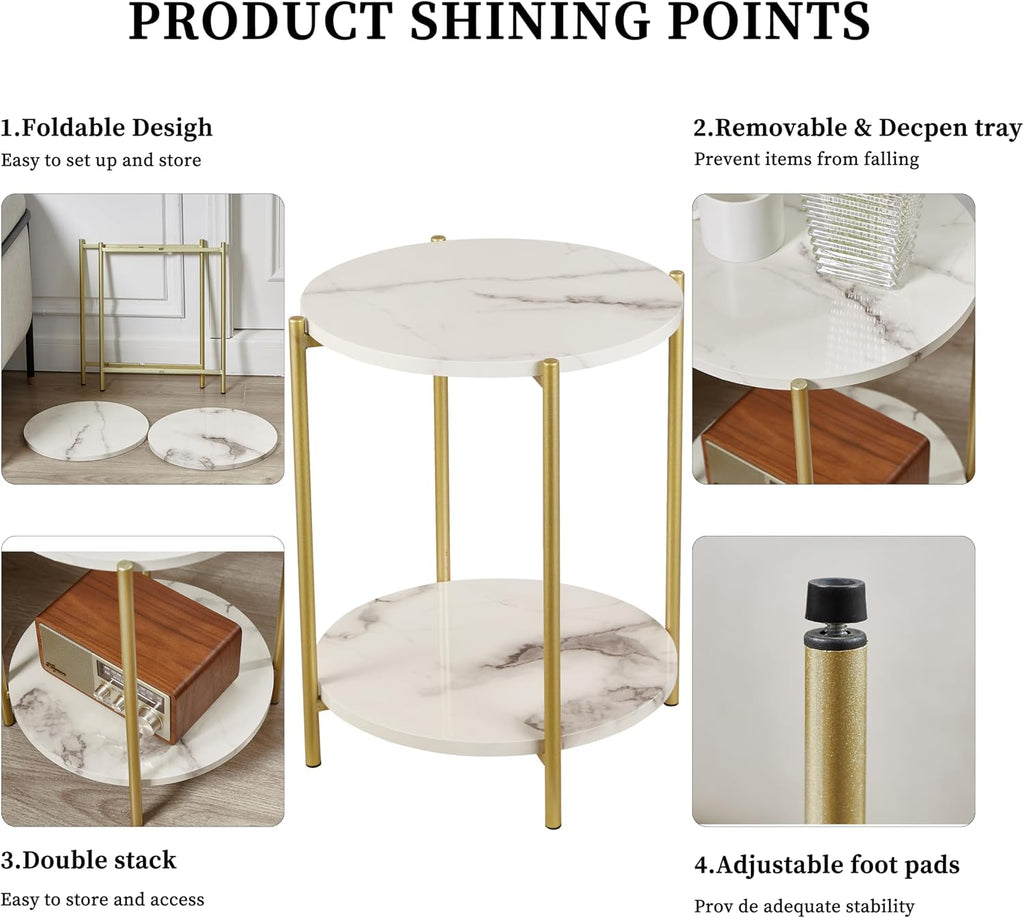 2-Tier Folding White Faux Marble Side Table