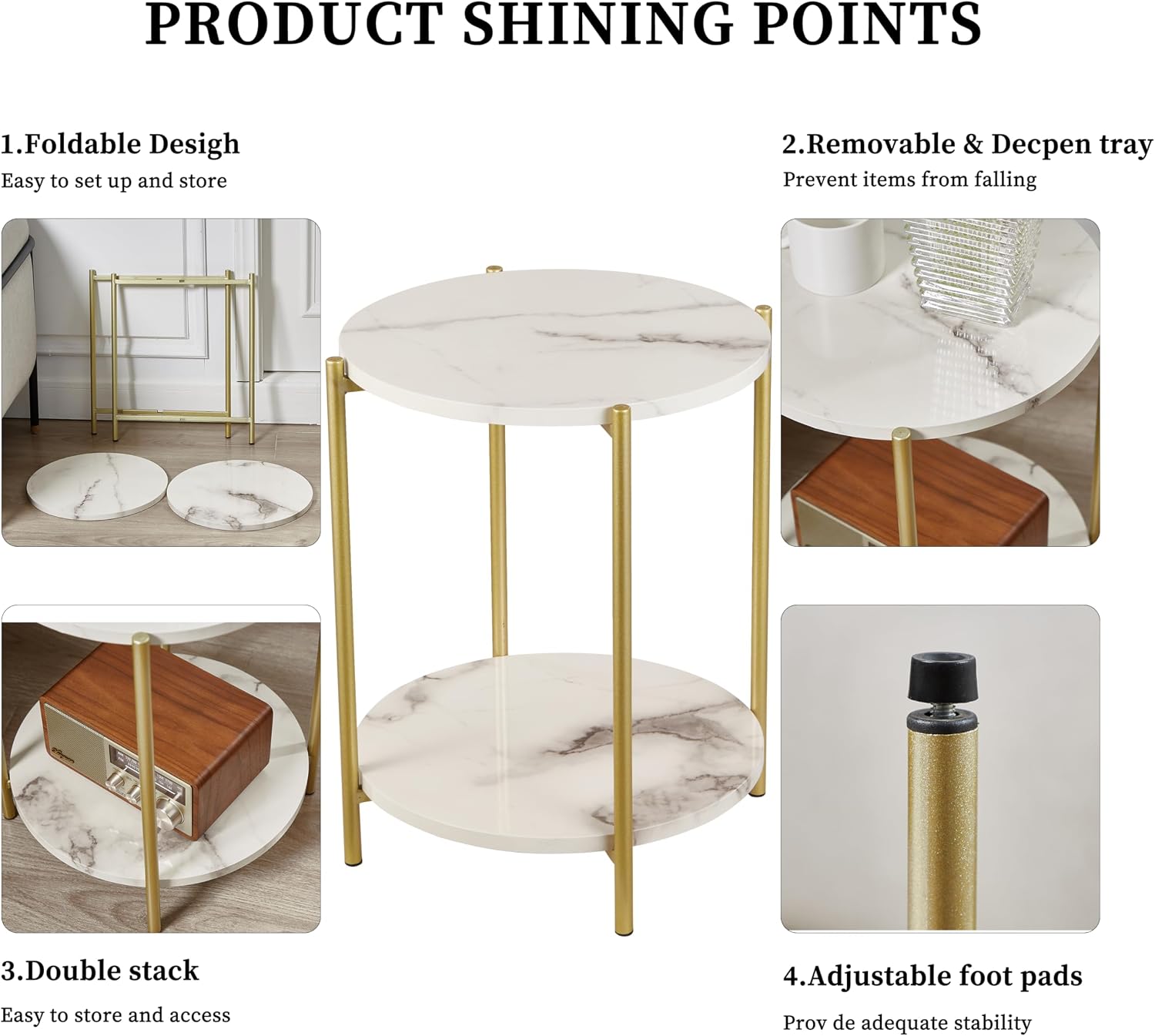 2-Tier Folding White Faux Marble Side Table