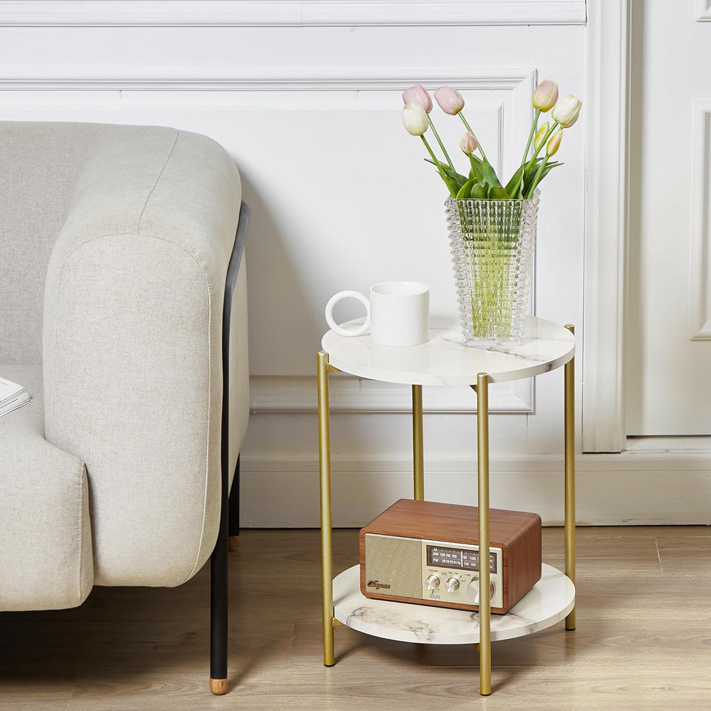 2-Tier Folding White Faux Marble Side Table