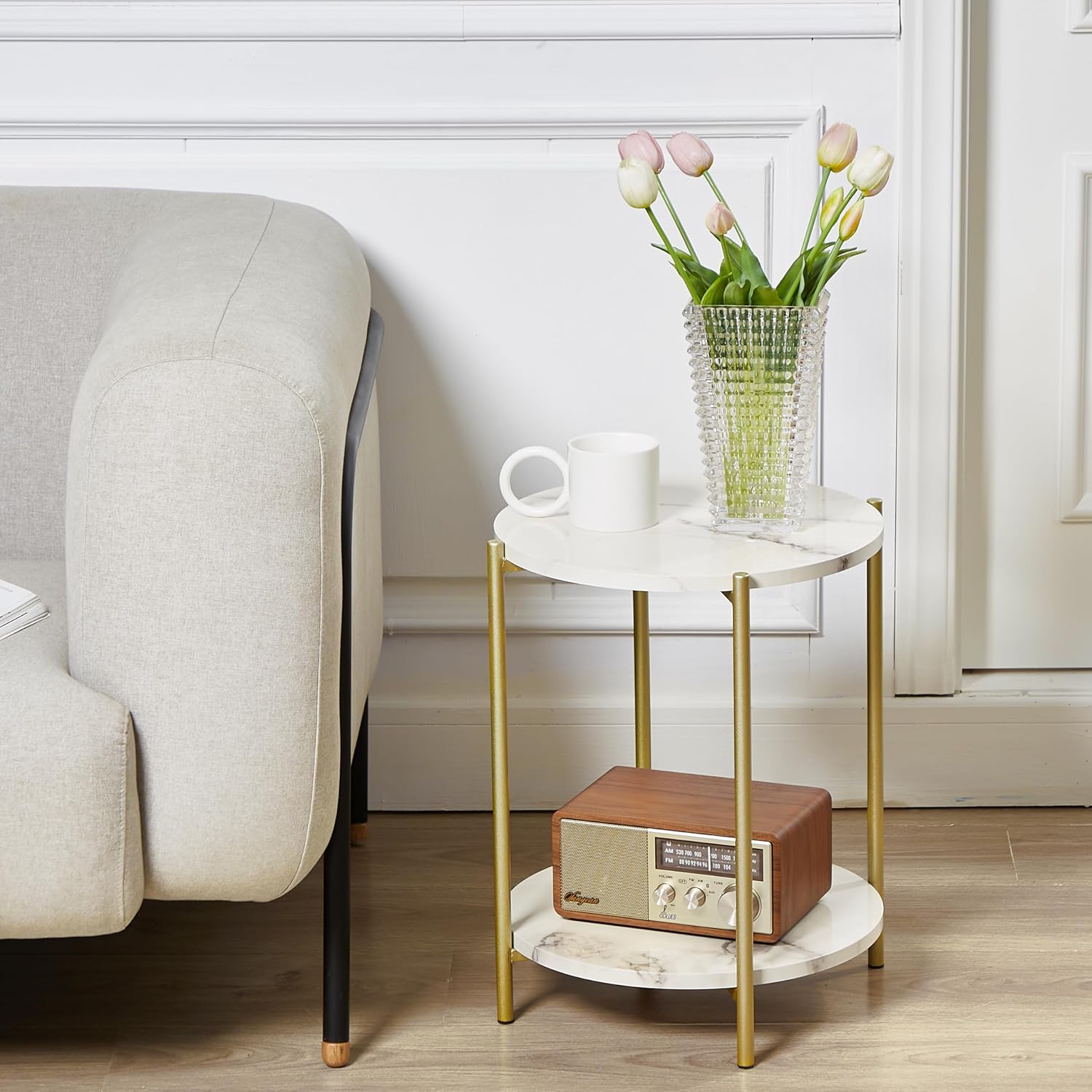 2-Tier Folding White Faux Marble Side Table