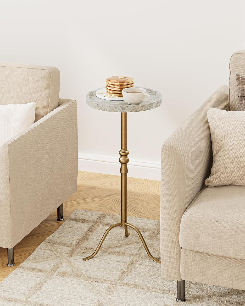 Brass Iron Round Marble Top End Table
