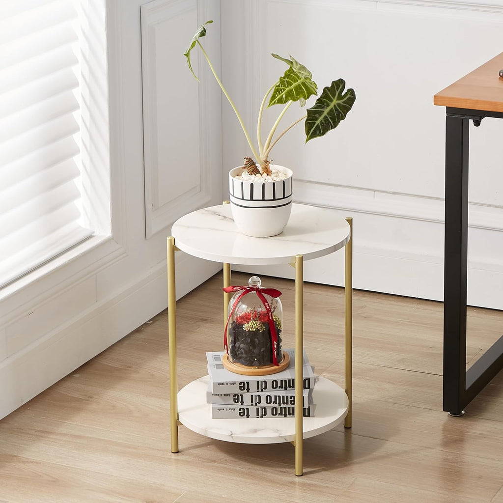 2-Tier Folding White Faux Marble Side Table