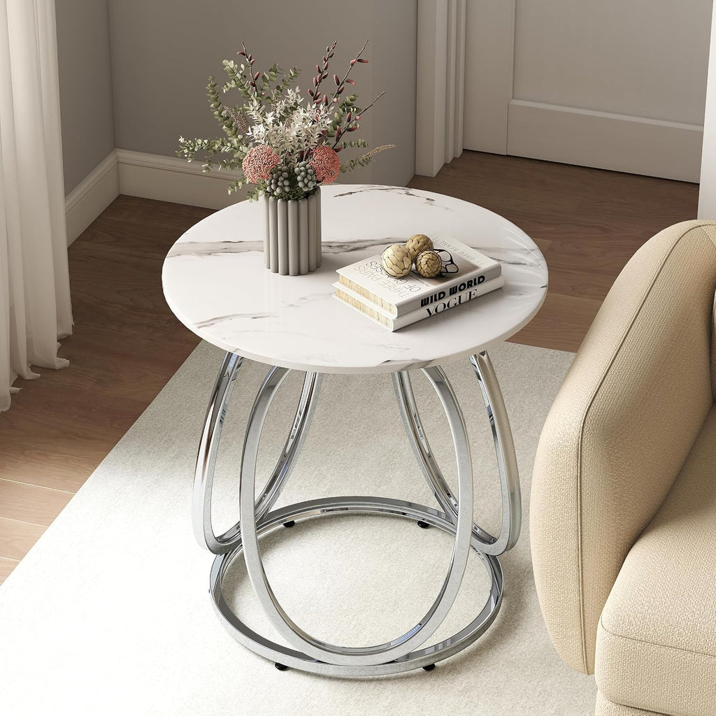 Silver Faux Marble Round Side Table