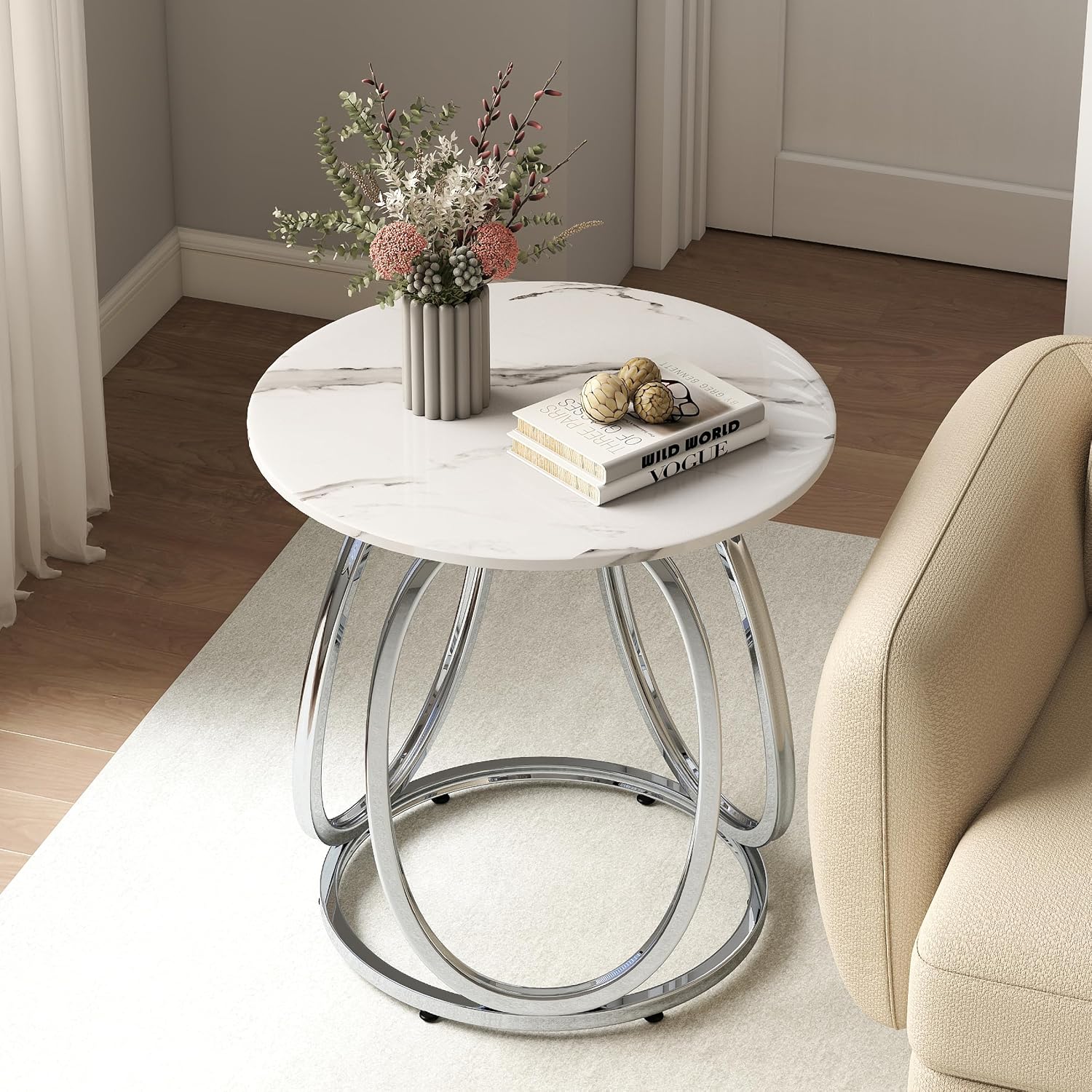 Silver Faux Marble Round Side Table