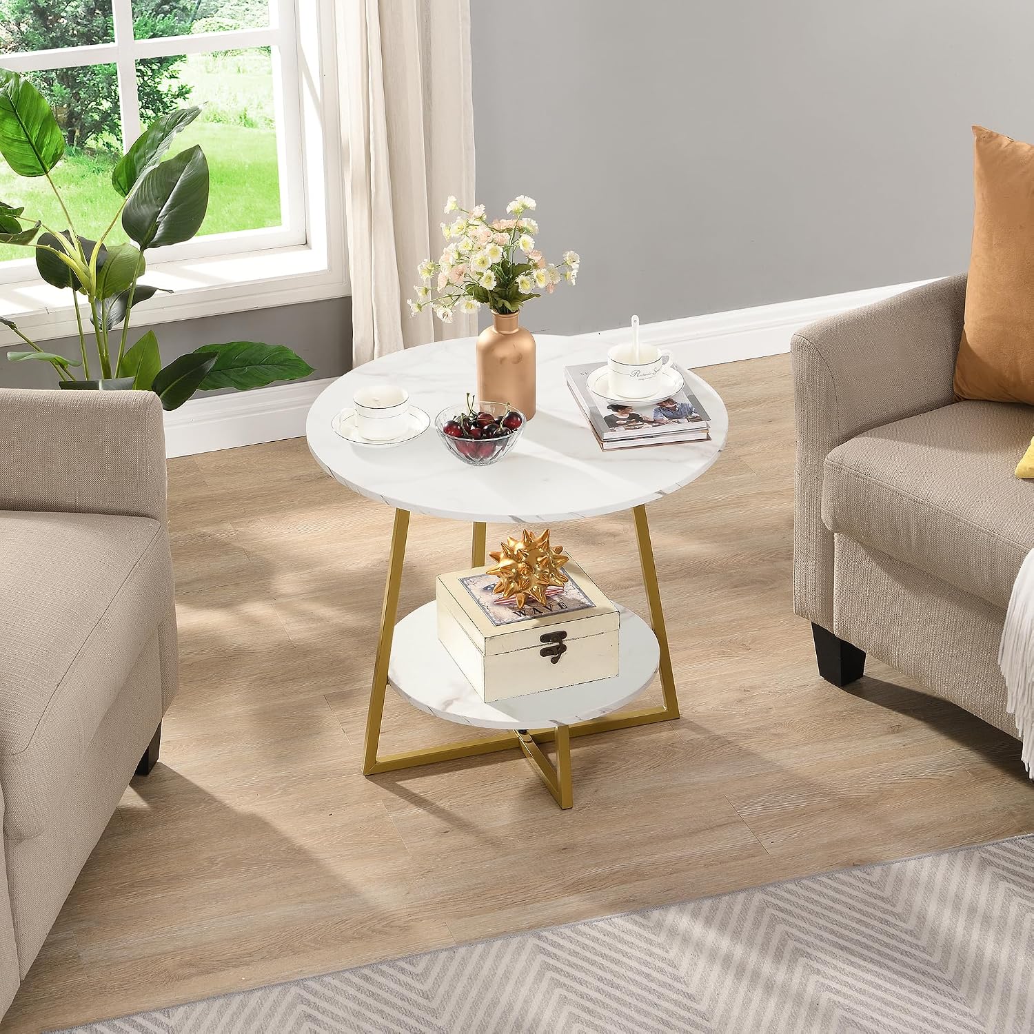 2-Tier Gold Frame White Faux Marble Side Table
