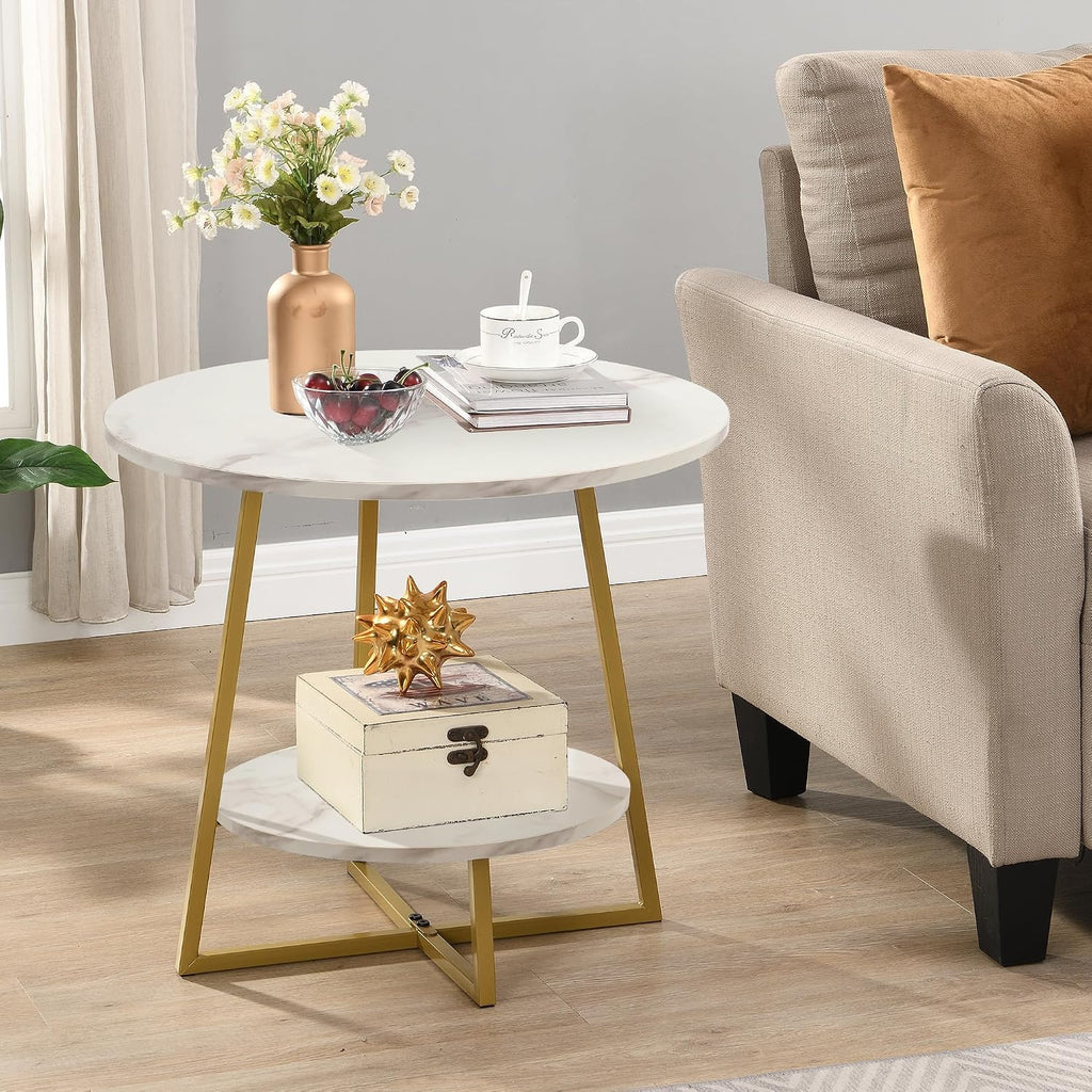 2-Tier Gold Frame White Faux Marble Side Table