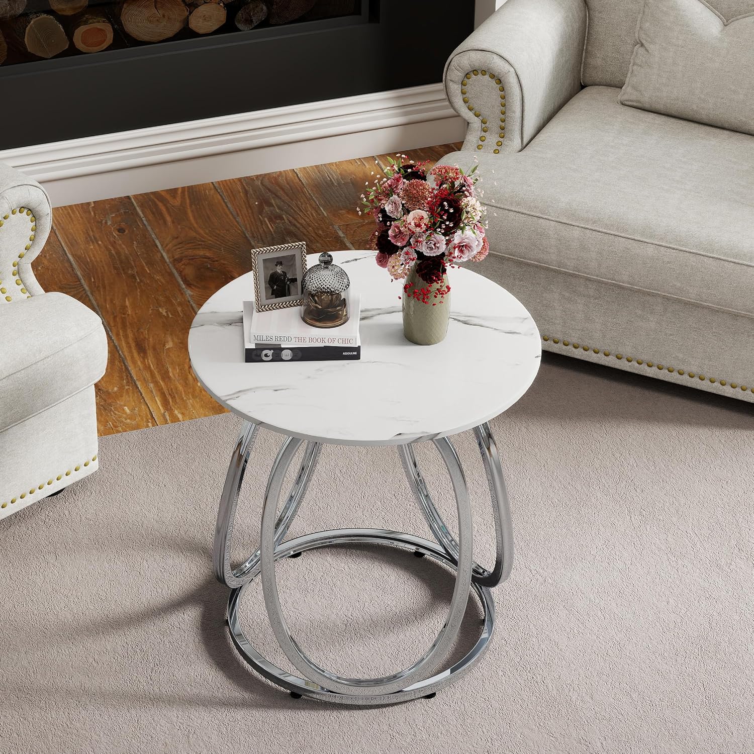 Silver Faux Marble Round Side Table